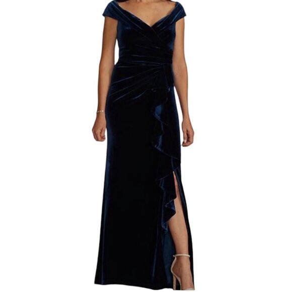OLEG CASSINI Velvet Off-the-Shoulder Sheath Maxi with Ruffle Navy Size 14 - Picture 1 of 15
